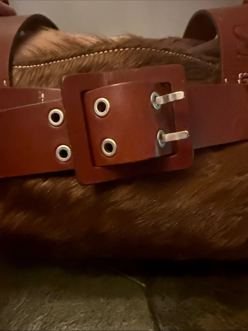Brown Leather-Strap Horse Hair Barrel Buckle Bag
